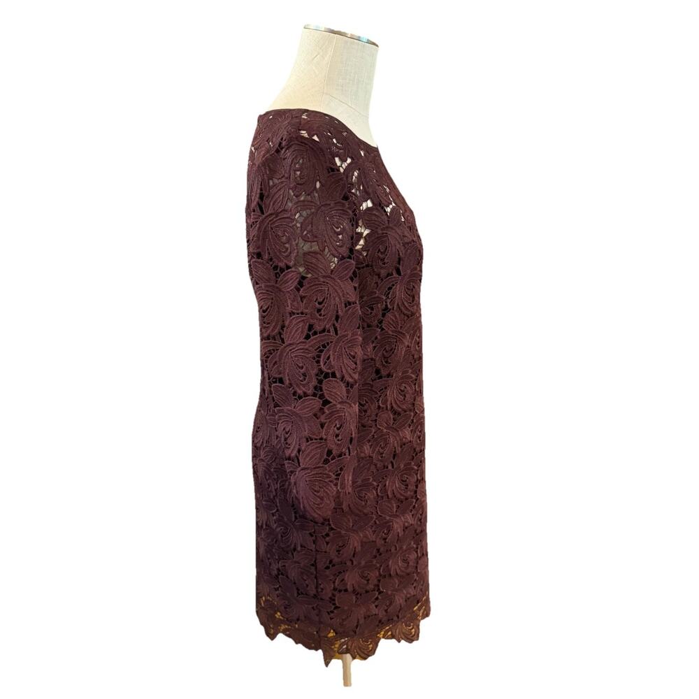 Loft Shift Dress Womens Size 8 Fig Maroon Lace Floral 3/4 Sleeve Back Zipper - Picture 4 of 8